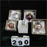 Large decorated Christmas ornaments.