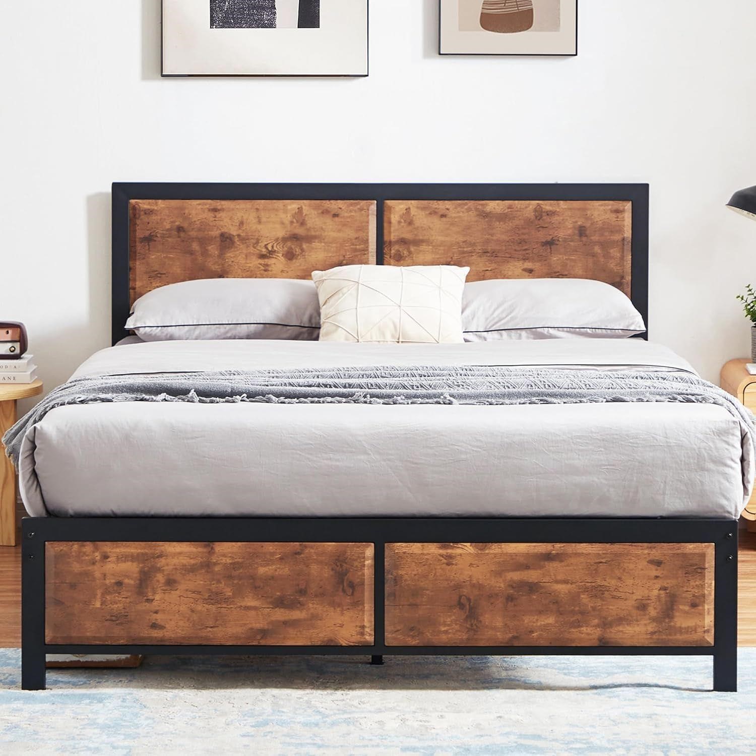 VECELO FULL Platform Bed Frame with Rustic Wood