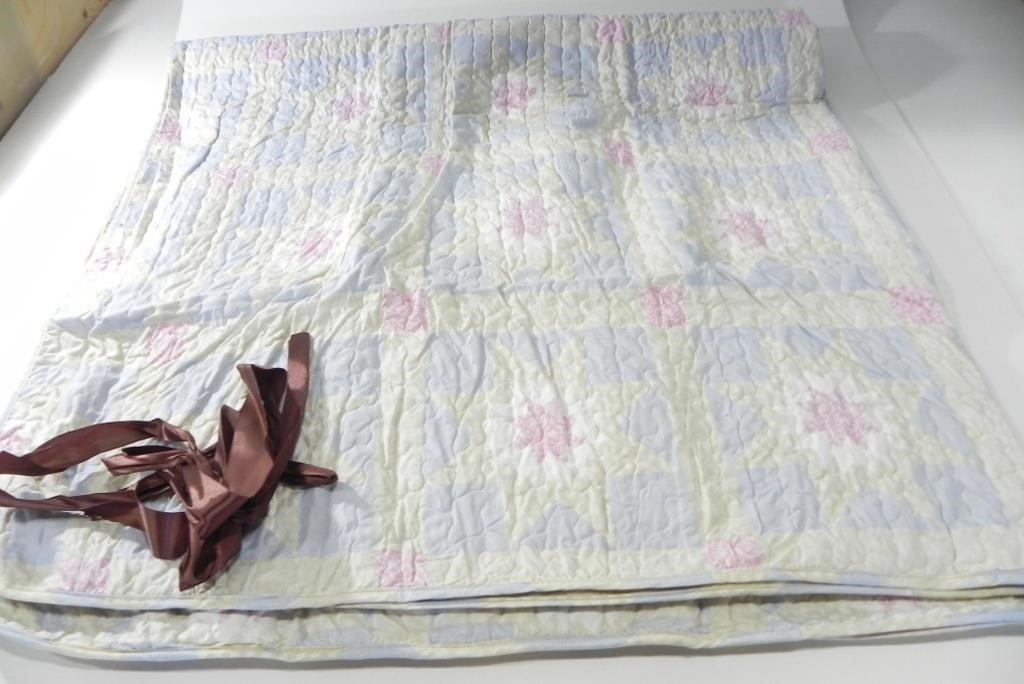 PINK BLUE & WHITE LARGE QUILT & RIBBON