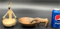 2 African Hand Carved Wood Bowls w Animal Figures