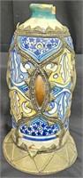Moroccan Ceramic Vase w Metal Accents Hand Painted