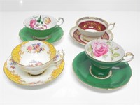 3 PARAGON & 1 AYNSLEY DECORATED CUPS & SAUCERS