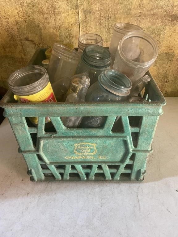 Meadow gold milk crate, advertising jars & ball