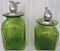 2 LARGE GREEN CANISTER JARS W/APPLE & PEAR LIDS