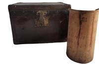 SMALL LEATHER COVERED TRUNK AND WOODEN QUART