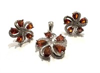 Sterling Silver Garnet Pendant Earring Set