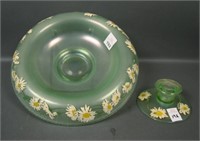 2 Fenton Florentine Green Decorated Items