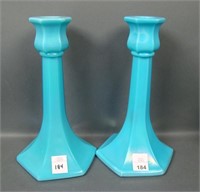 2  N'Wood Jade Blue #657 6 Sided Candlesticks.