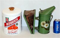 Antique Bee Smoker & Bisquick Canister