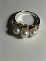 925 STERLING SILVER w PEARL & RASPBERRY PINK STONE