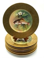 Set of 8 Limoges Hand-Painted Fish Plates.