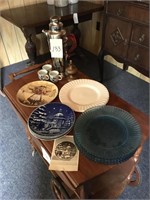 Assorted vintage glassware  blue plates and more