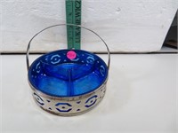 Vintage Cobalt Blue Divided Candy Dish with Chrome