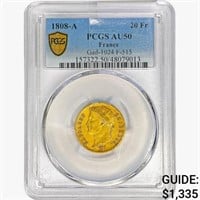 1808-A France 20 Francs .1867oz. Gold PCGS AU50