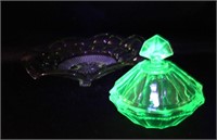 Uranium Glass Lidded Dish & Green Glass Plate