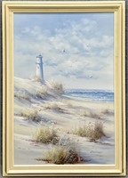 Lighthouse Beach Scene Oil on Canvas Signed