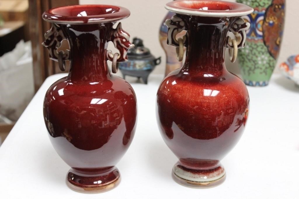 Pair of Oxblood Chinese Vases with Loose Ring