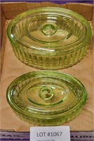 OVAL GREEN DEPRESSION URANIUM GLASS LIDDED DISHES