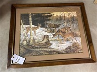 WINTER SCENE WITH BUCK & DOES LARGE FRAMED PRINT