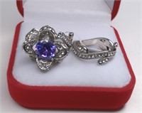 New Sterling Purple Amethyst Floral Ring Set.