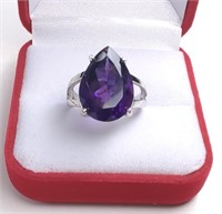 Beautiful Sterling Pear Cut Purple Amethyst Ring.