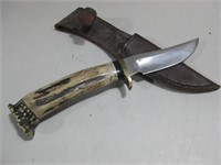 Custom Made Stag Handle Knife W/ Sheath 9.5"