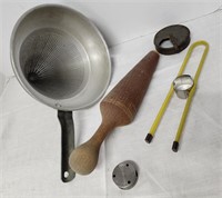 Metal Colander, wood masher, corn cutter