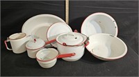 White & Red Enamelware: Pots, Pans, Bowls, Kettle