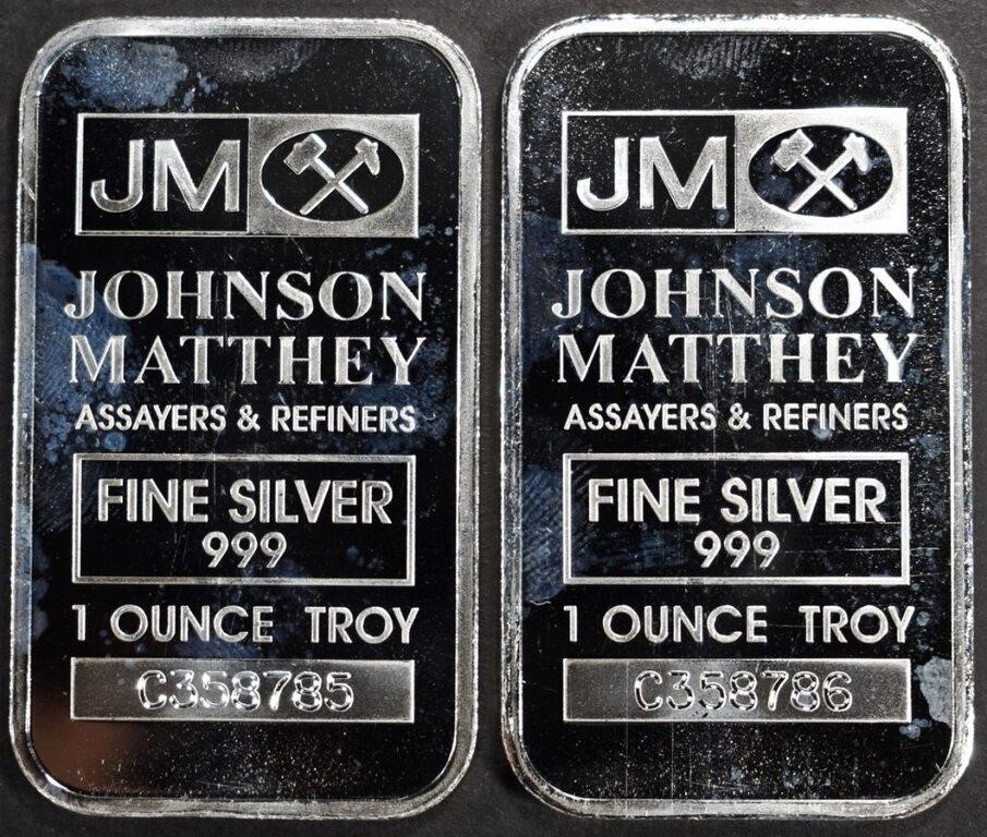 (2) 1 OZ .999 SILVER JOHNSON MATTHEY BARS