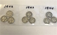 SILVER Mercury Dime LOT x 9 1942-44