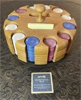 Vintage Clay Poker Chips In Wooden Lazy Susan