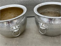 Two Hammered Metal Flower Pots w/Foo Dog Handles