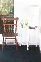 SIDE CHAIR, TABLE AND LAMP