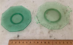 2 green Depression glass plates