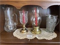 2 Glass Pitchers, 2 Candle Holders, & Wall Plate