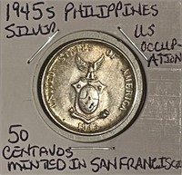 Philippines 1945S Silver 50 Centavos