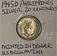 Philippines 1945D Silver 20 Centavos