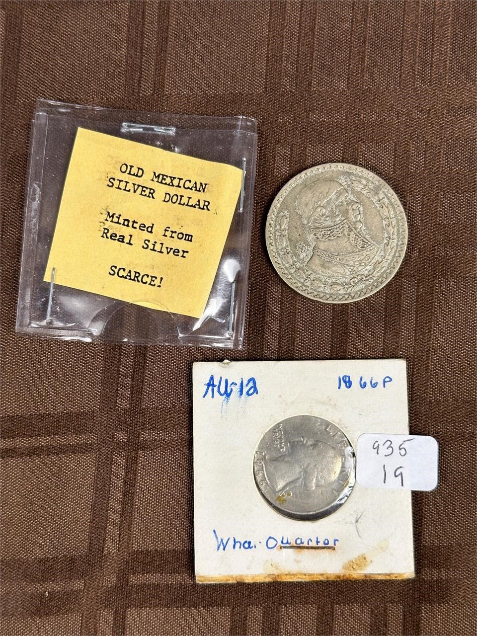 Silver 1961 Mexican Peso Coin & 1966 Quarter