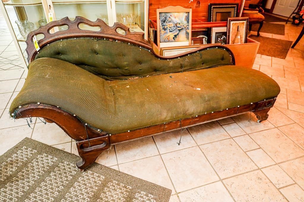 Antique Fainting Couch w/ Wood Carve Back and