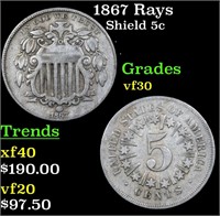 1867 Rays Shield 5c Grades vf++