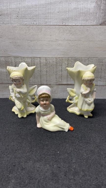 3 Vintage Bisque Figurines Small Chip On One Vase