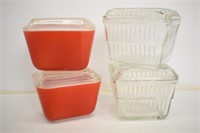 4 FRIDGE DISHES - 2 RED PYREX AND 2 CLEAR