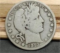 1913-D Barber Half Dollar, VG