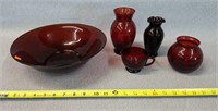 Ruby Red Bowl, Vases, & Cup