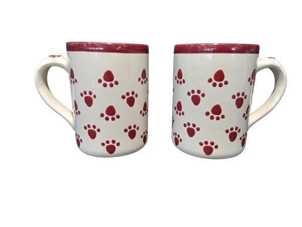 Charming White and Red Coffee Mugs with Paw Prints
