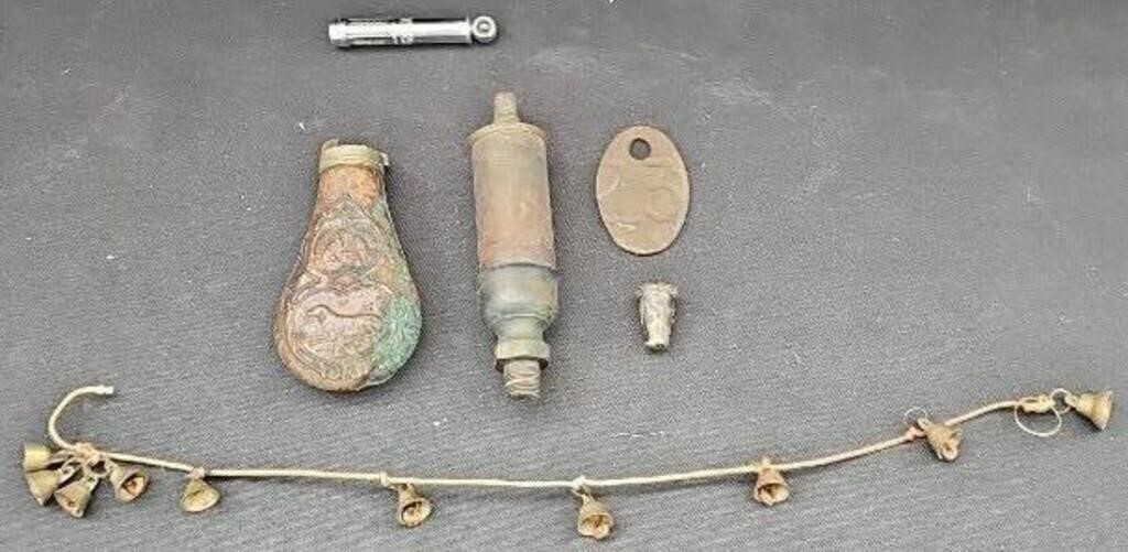 steam whistle & powder flask & tire gauge
