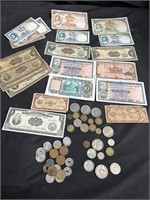 Group of vintage foreign bills & coins