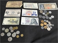 Group of vintage foreign bills & coins
