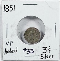 1851  Three Cent Silver   VF   Holed