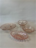 4 pieces pink depression glass